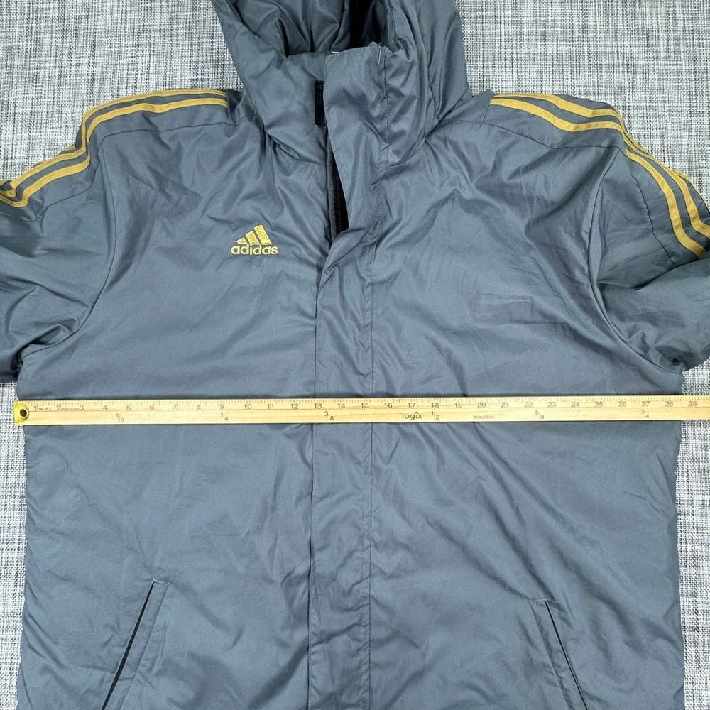 Adidas Men's Hooded Puffer Parka Jacket Gray Gold Three Stripe Size XL Winter